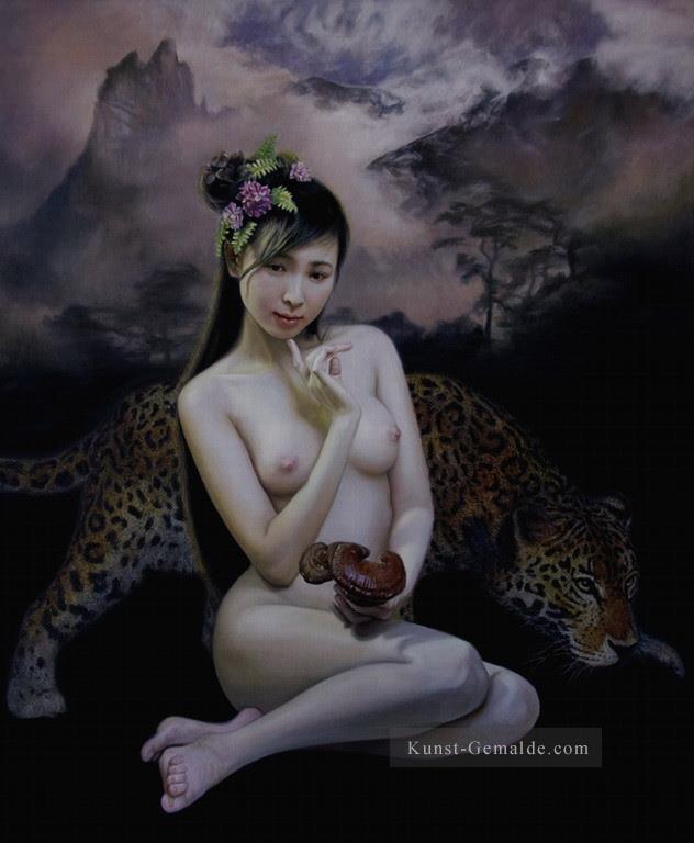 Göttin Berg Tiger Chinesisches Mädchen nackt Ölgemälde